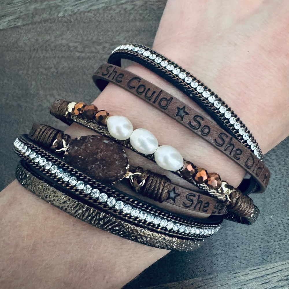 Brown Vegan Leather Crystal Pearl Cuff Bracelet “She Believed She Could”